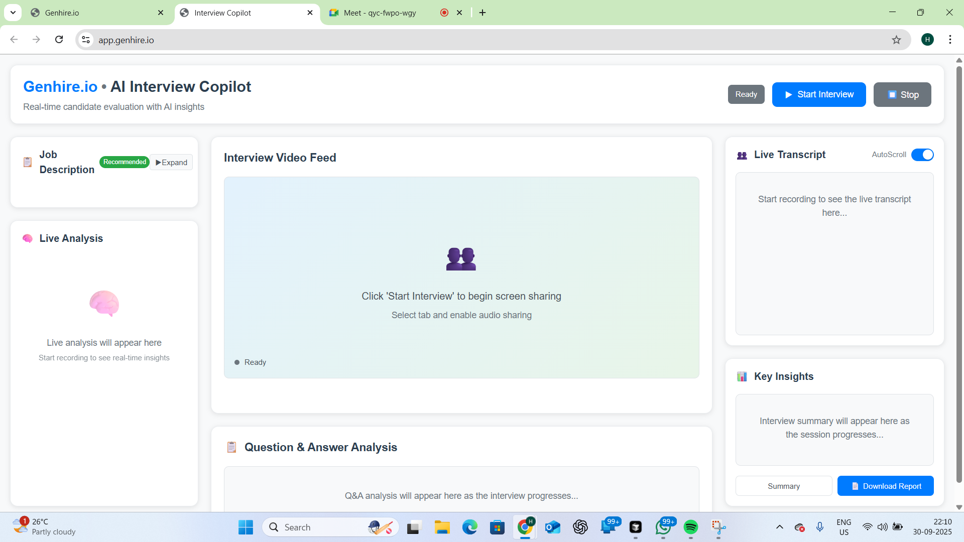 Genhire: enter access code and click Start Interview